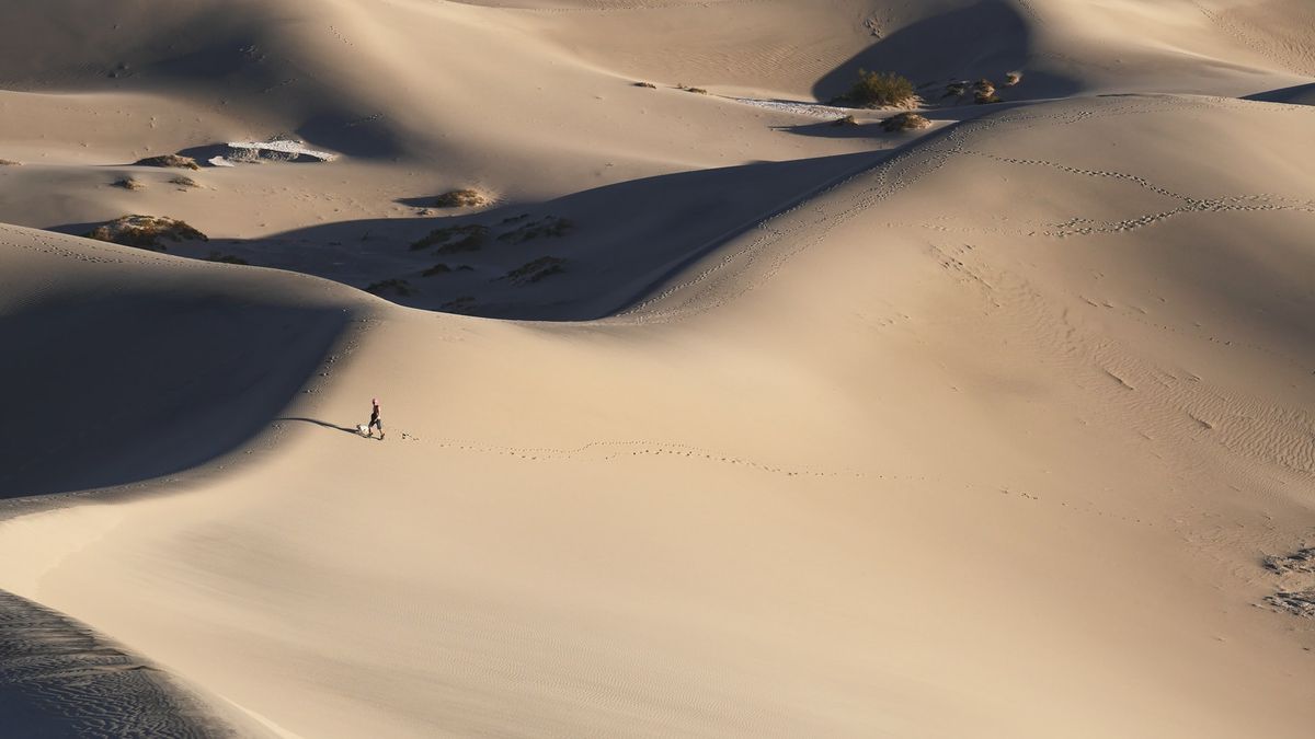 A person walking in Death Valley sand