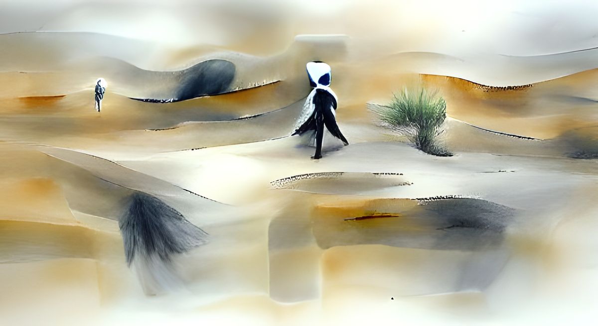 A lone figure walking in a mostly obscure and barren landscape, a loan green plant is near.