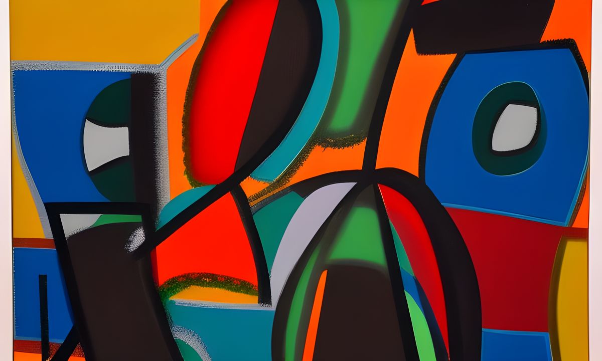 An abstract painting of orange, blue, red, and green shapes