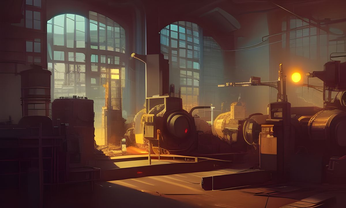 A factory with heavy equipment, in a cartoon stylized art form