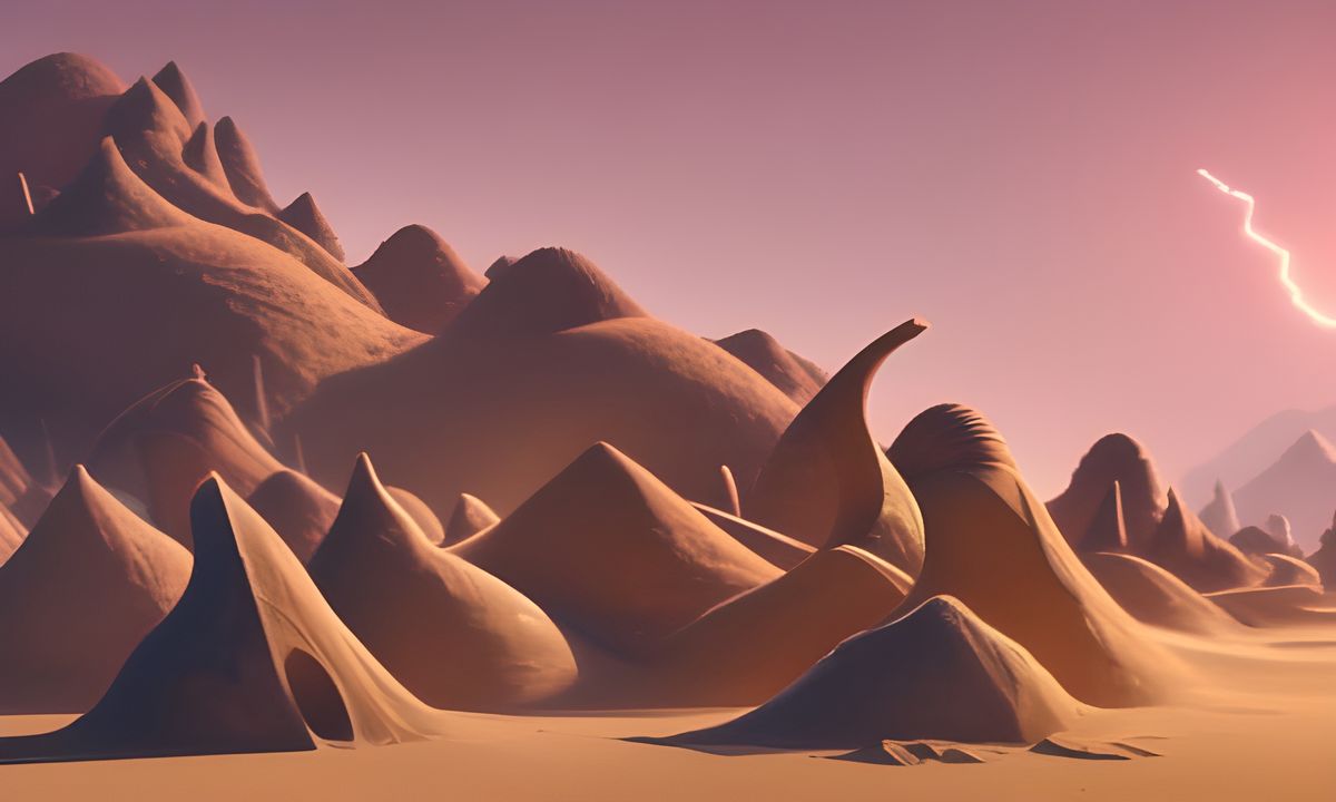 Sculpted sand dunes in a fading light, a bolt of lightning cuts through the sky in the upper right