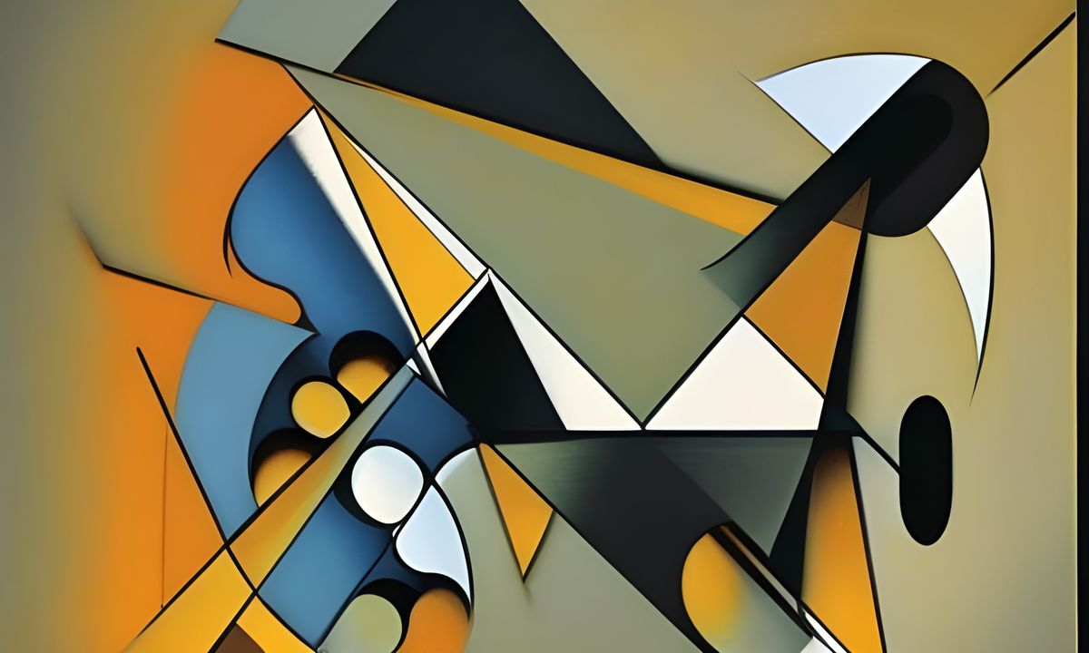 An abstract image of blue, orange, black, and tan circles and triangles