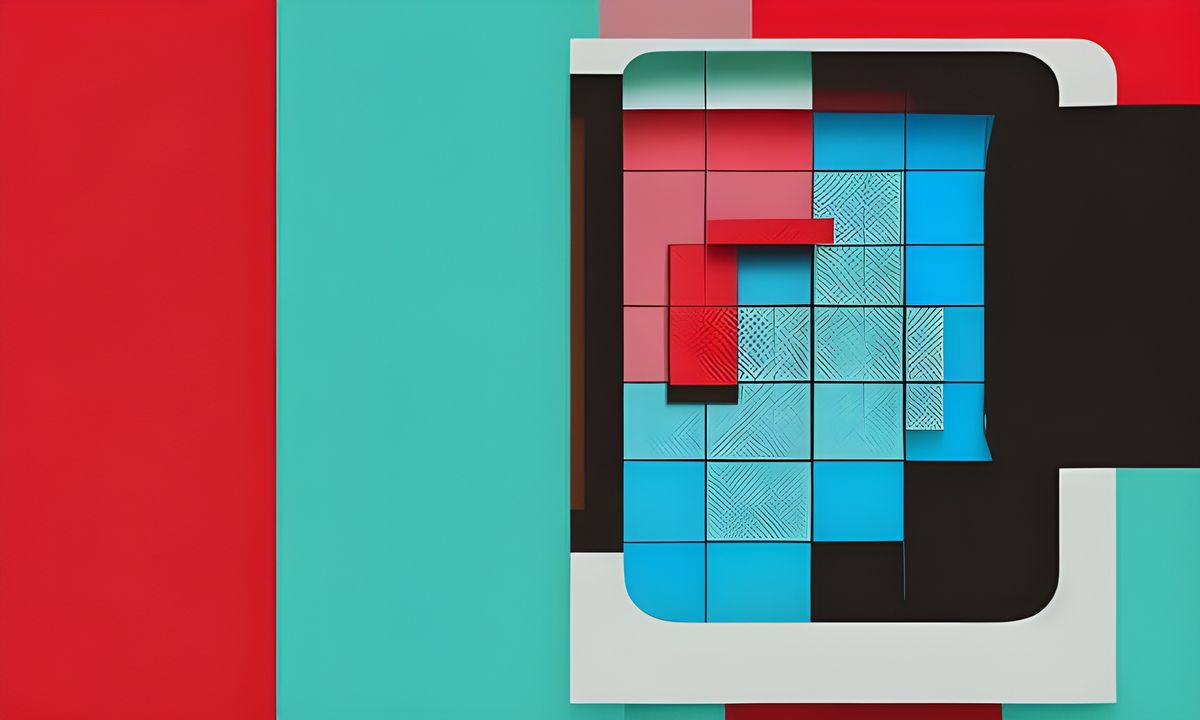 A modern image of square blocks, in blue and red, over a background of teal and red rectangles