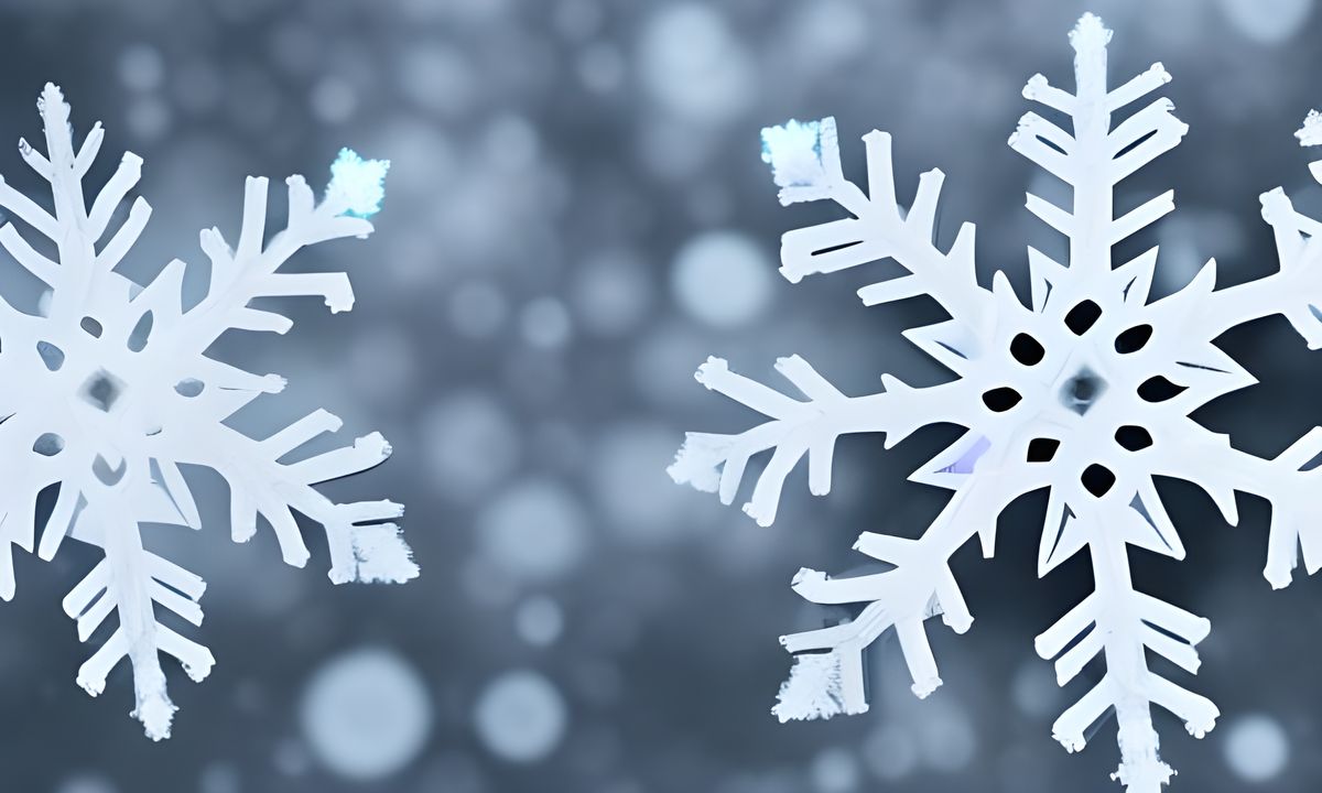 Two large snowflakes falling in the foreground, over a grey twilight blurred backdrop