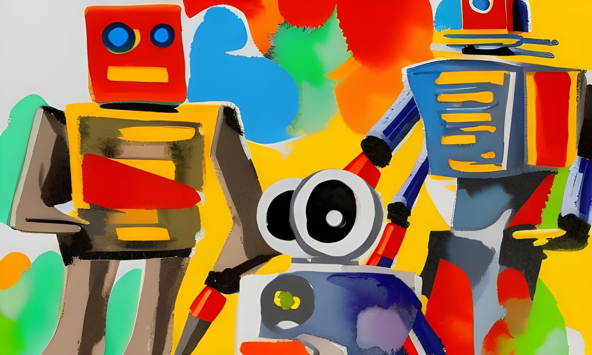 Three stylized robots planning to work together on a colorful backdrop