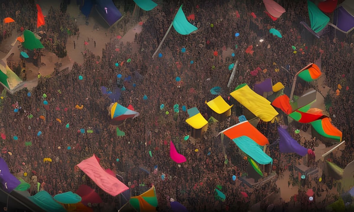 A very large crowd gathered in a town square, colorful banners and flags can be seen