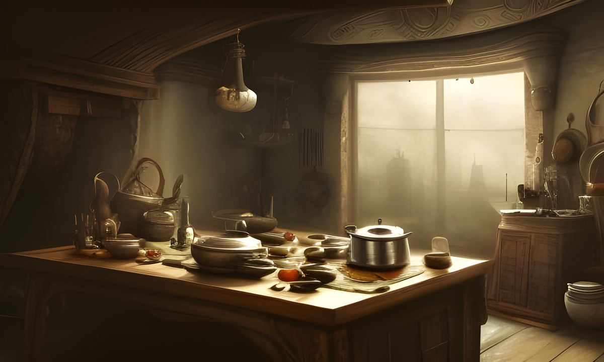 A kitchen strewn with cooking implements, in the center is a large wooden table filled with ingredents to make a meal.