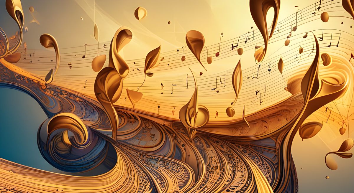 Musical notes dance in a golden sky, underneath music notes curve in endless waves