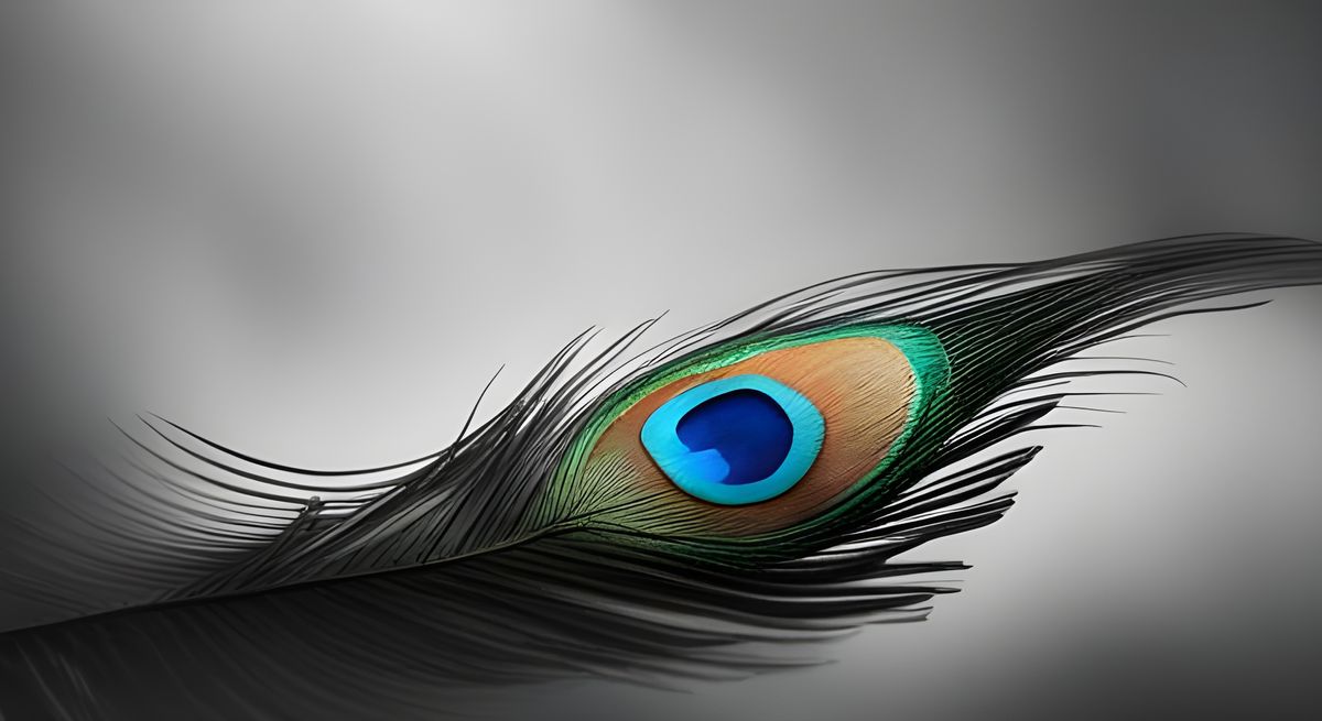 A single peacock feather, against a grey and blurry background.