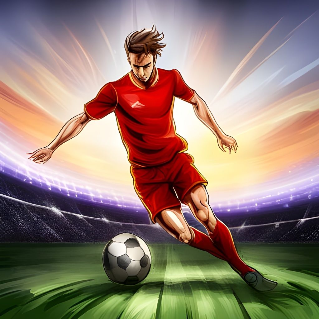 A soccer player in a red uniform streaking down the field with the ball