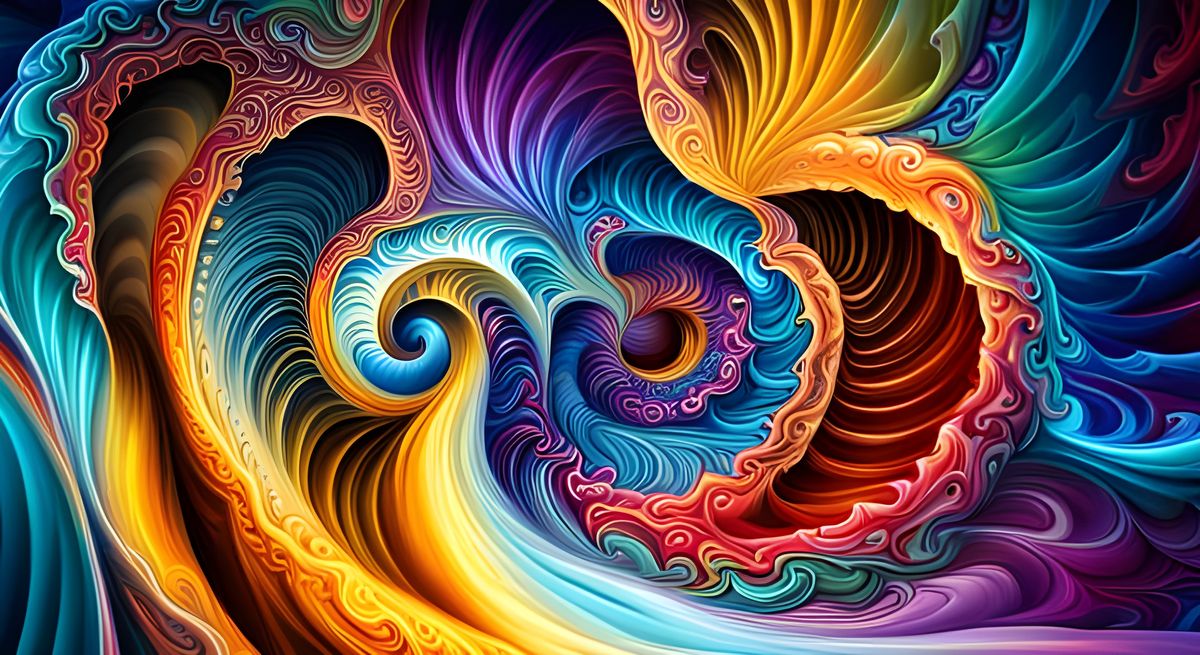 Colorful fractal swirls spiral in repeating patterns, gold, blue, and purple dominate.