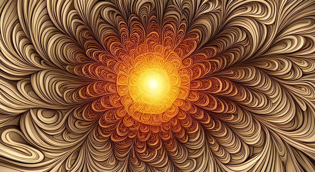 An abstract drawing, waves of tan and brown fields radiate from a golden, bright center.