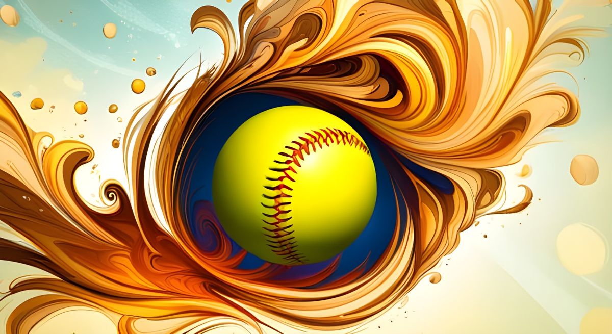 A stylized softball hurtling through the air, waves of movement surround the ball.