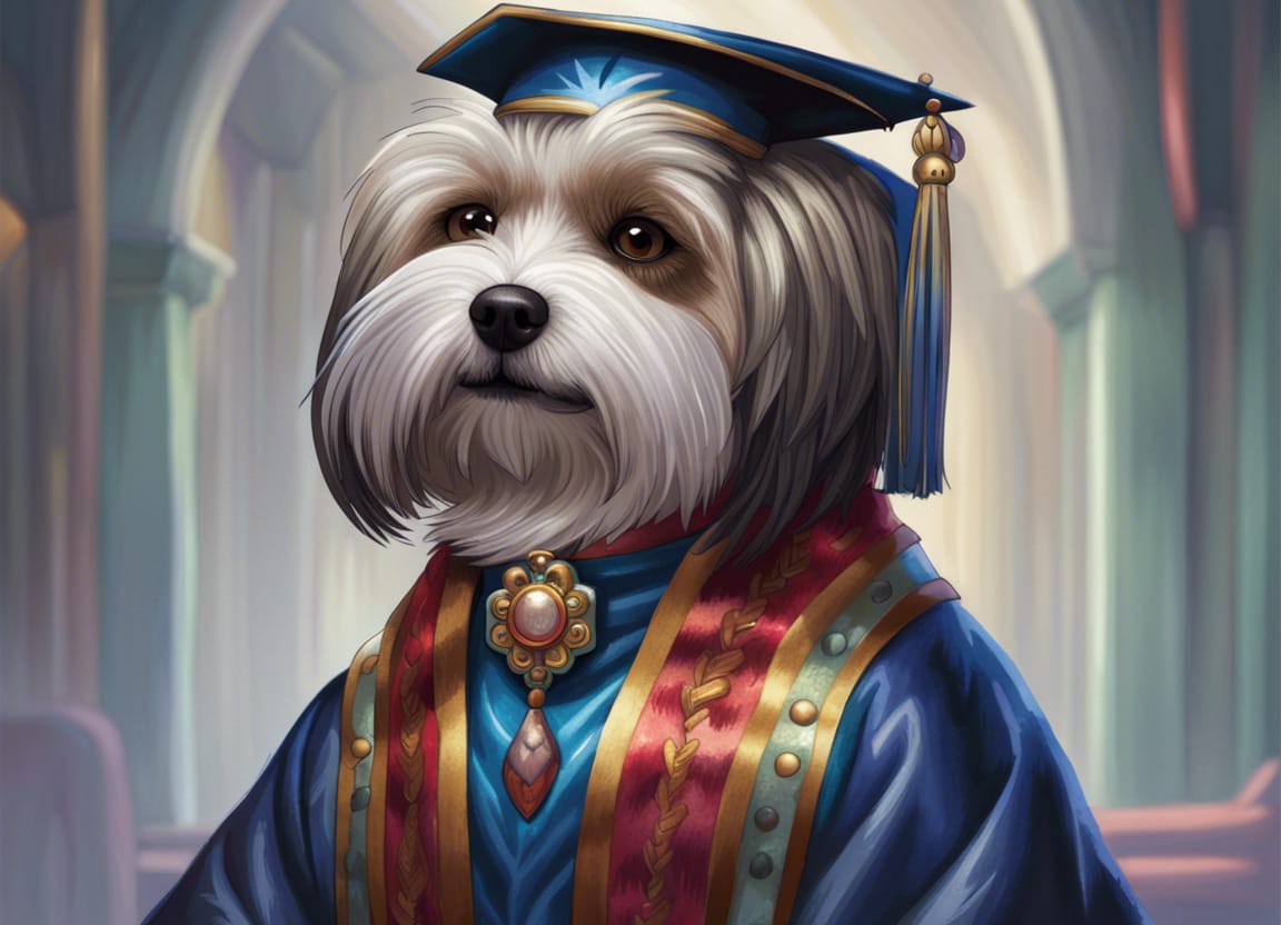 A painting of a Havanese dog colorfully robed as a scholar